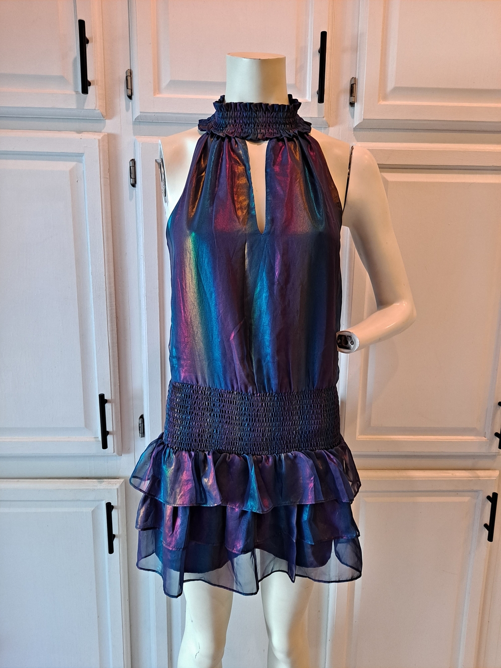 Amanda Uprichard Iridescent Sorella Holographic Rainbow Ruffled Mini Dress